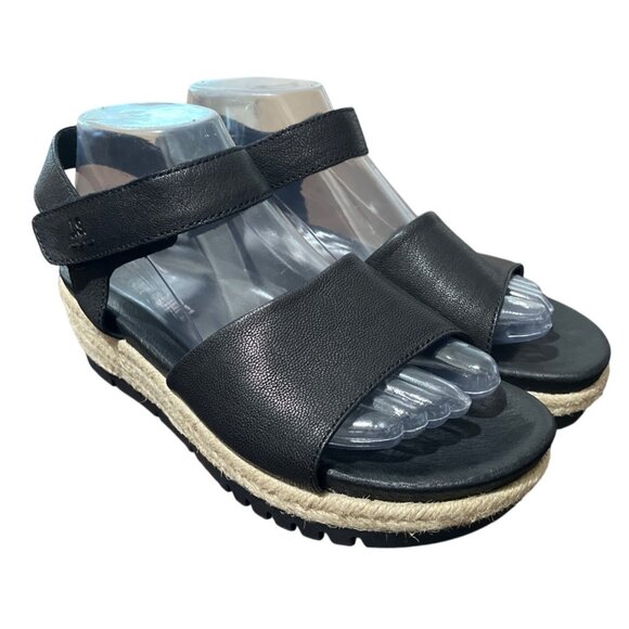 Josef Seibel Espadrille Sandals Black Leather Open Toe Wedge Size 39 / US 8-8.5 - Picture 2 of 10